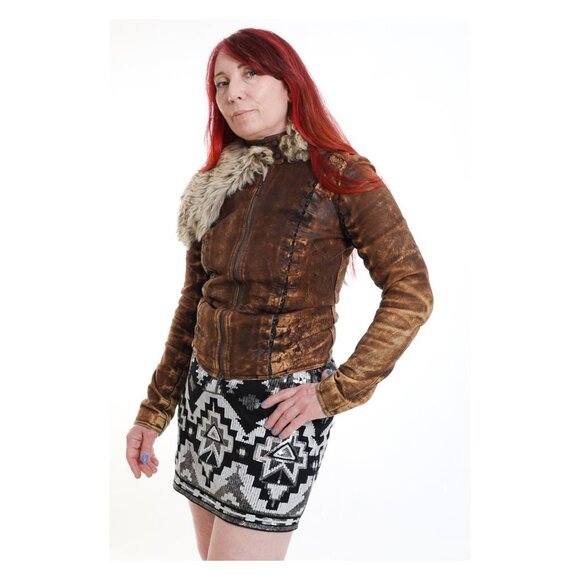 PLEIN SUD Brown Hook & Loop Detail Real Fur Distressed Leather Jacket - Picture 1 of 15
